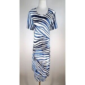 Chicos Size 3 Zebra‎ Waves Stripes Asymmetrical Knee-Length Blue Dress, XL, 16